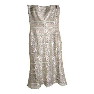 Tadashi Shoji Dress Sz 6 Cream Lace Strapless Support Mint Green‎ Trim Formal